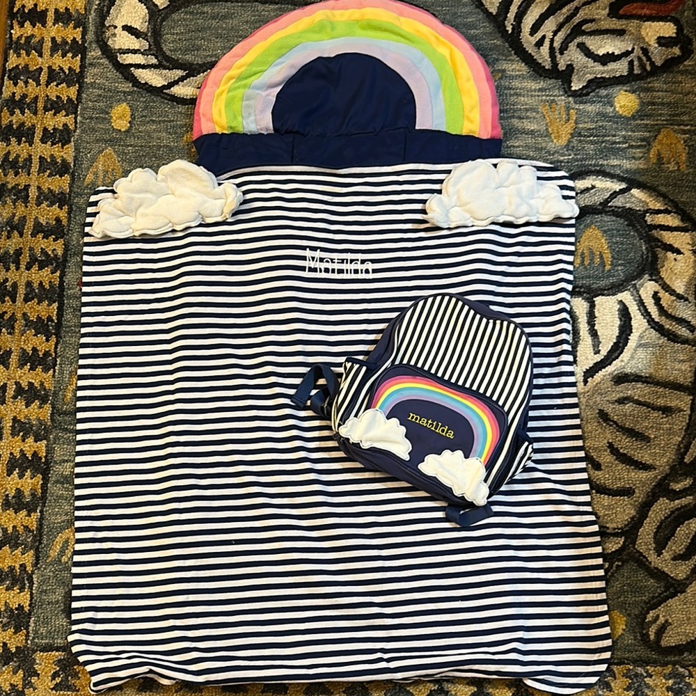 Pottery barn navy stripe rainbow nap mat & Pre-K backpack monogram Matilda